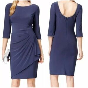 Alex Evenings Navy Blue Rhinestone Edge Embellished Bateau Jersey Dress Size 12